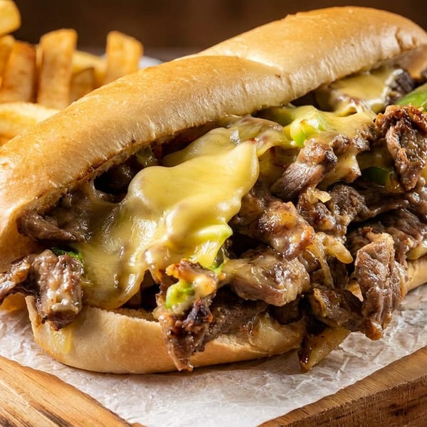 Cheesesteak sandwich with melted cheese, steak, and peppers, served with golden french fries.