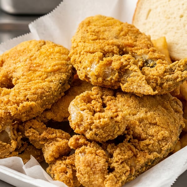 Golden fried fish fillets, french fries, and white bread in a white takeout container.