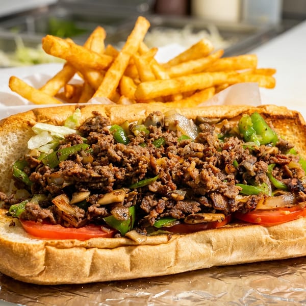 Hearty sub sandwich filled with steak, peppers, mushrooms, and tomatoes, alongside crispy french fries.
