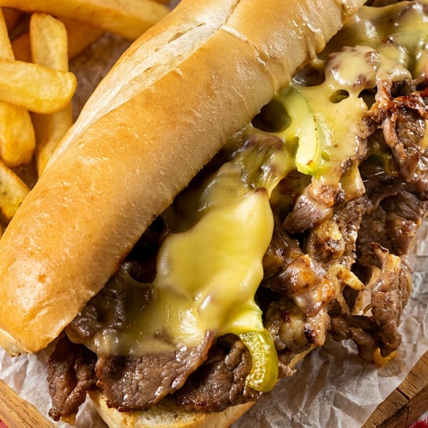 Cheesesteak sandwich with melted cheese, steak, and peppers, served with golden french fries.