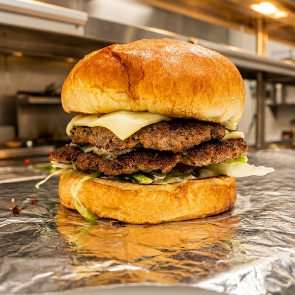 A juicy double patty cheeseburger with melted cheese and lettuce on foil in a kitchen.