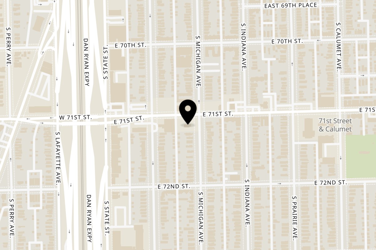 Map showing the location of Baba's Famous Steak & Lemonade on 7100 S Michigan Ave in Chicago